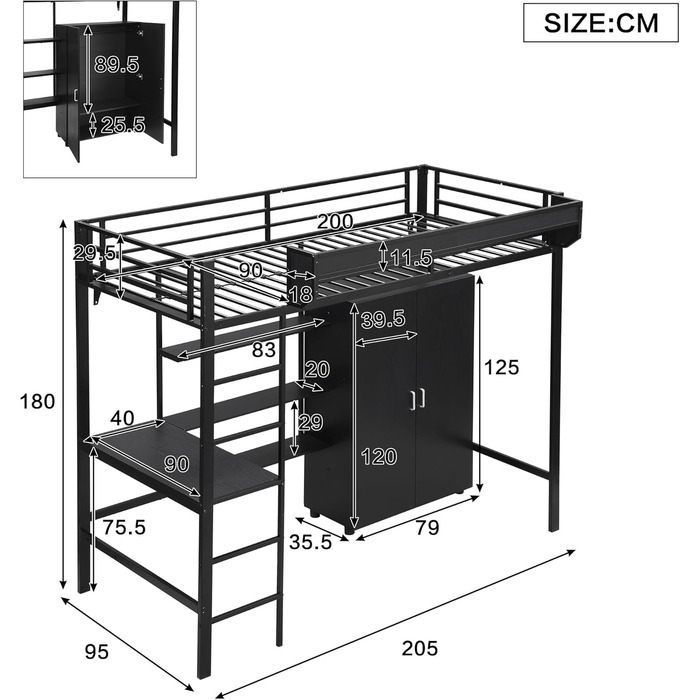 Ліжко-горище Merax 90x200 см з письмовим столом, шафою та полицею для зберігання, міцне металеве двоярусне ліжко з рейковою основою та захисними поручнями, компактне дитяче ліжко-горище, дитяче ліжко-горище, чорне 90 x 200 см, чорне - зі столом та шафою