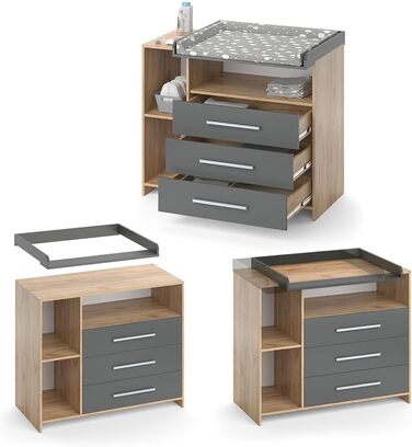 Пеленальний блок Vicco Oskar, золотий дуб/антрацит, 113 x 100 см золотий дуб 53D x 113W x 100H см (3 шухляди)