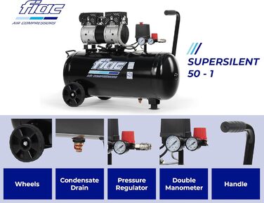 Безшумний мобільний повітряний компресор FIAC SUPERSILENT 50, безмасляний, максимальний тиск 8 бар, 1 к.с., бак 50 л, рівень шуму