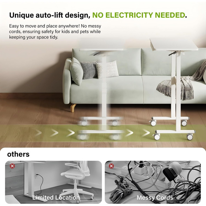 Комп&39ютерний стіл з пневматичним регулюванням висоти (88x50 см), стіл для ноутбука з колесами та шухлядою, стіл над ліжком, стіл для роботи сидячи та стоячи для офісу, вітальні, спальні, невеликих приміщень, білий