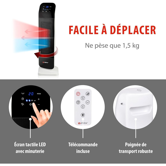 Електричний обігрівач та вентилятор Alpina - коливальний баштовий вентилятор з пультом дистанційного керування та таймером - регульована температура від 15 до 35C - обігрів та охолодження - 20 x 18 x 61 см електричний обігрівач та вентилятор 2000 Вт