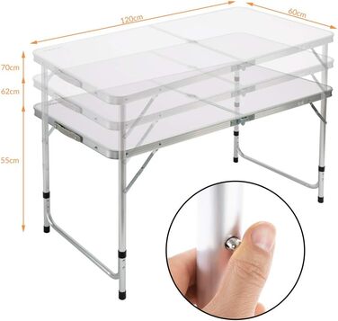 Складаний стіл CASARIA, водонепроникний, регульована висота, кемпінговий стіл зі стільцями, садовий стіл, розкладний стіл, 120x60 см, складний, легко транспортується, 4 особи, білий