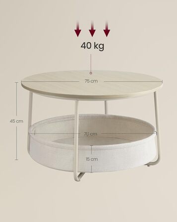 Круглий журнальний столик VASAGLE, столик із місцем для зберігання, приставний столик, столик для вітальні з тканинним кошиком, сучасний, металевий каркас, натуральний бежево-кремово-білий LCT244K01 Натуральний бежевий кремово-білий круглий