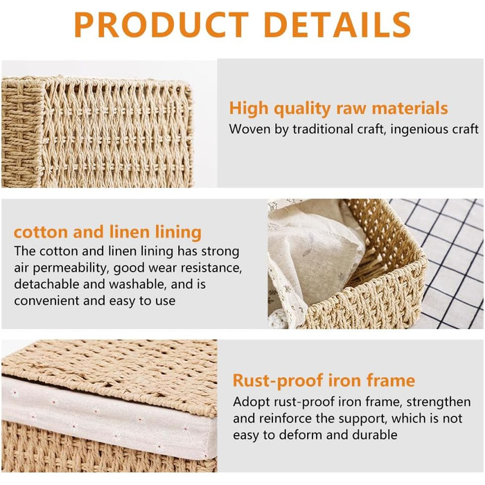 Набір кошиків із 3 предметів з кришками, плетені кошики для зберігання 3 розмірів, плетені кошики з паперової мотузки, підкладка для зберігання у ванних кімнатах, косметики, стільниць та шаф.