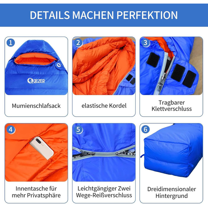 Пуховий спальний мішок, теплий легкий зимовий спальний мішок від 0C до -23C для дорослих та дітей, 4 сезони кемпінгу, використання на вулиці та в приміщенні, сапфірово-синій, 7C