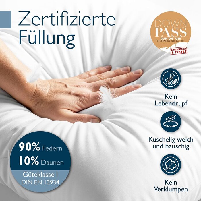 Пухова подушка Beautissu 80x80 80x80 Пухова та пір&39яна подушка 100 зроблено в Німеччині Пухова подушка 80 x 80 см Сертифіковано Oeko-Tex, Downpass та Nomite Можна прати та сушити в сушильній машині FK 80x80 см (1 упаковка)