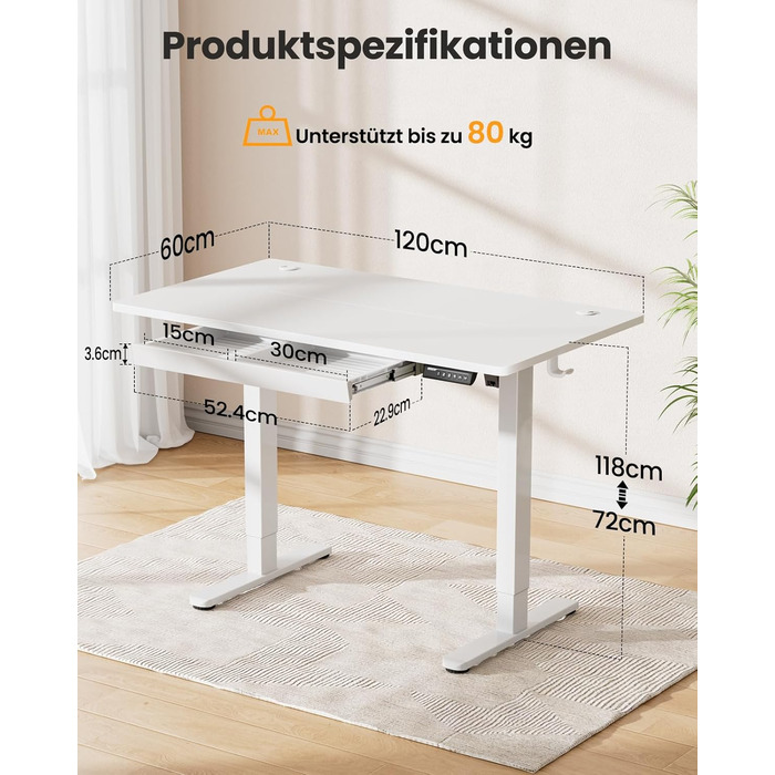 Стіл ErGear з регульованою висотою 120 x 60 см, Електричний стіл з регулюванням висоти з шухлядою та 4 смарт-панелями з функцією пам&39яті, Т-подібна конструкція ніжок для стійкості, Багатосекційна стільниця 120 x 60 см, білий колір шухляда