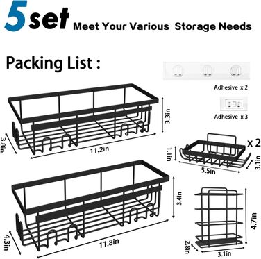 Піддони для душу 5 шт. , самоклеючий органайзер для душу для ванної, кухні та комори, без свердління, нержавіюча сталь, полички для душу з гачками, органайзер для ванної кімнати чорного кольору 5 шт.