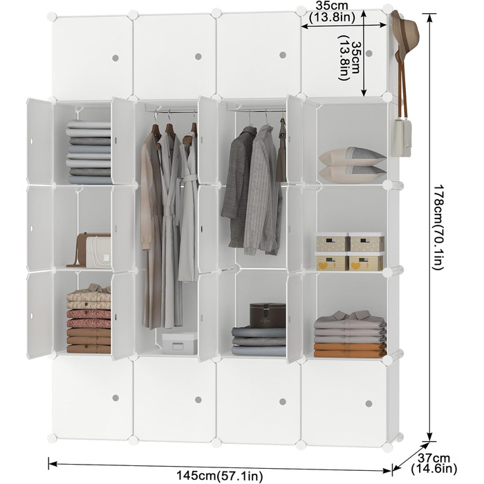 Шафа для зберігання речей HENGMEI, система полиць для самостійного виготовлення, PP-пластик з дверима, водонепроникна та пилонепроникна для спальні та ванної кімнати (20 коробок, білий)