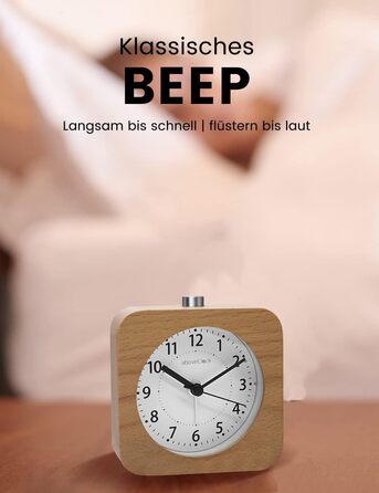 ВищеГодинник будильник аналоговий без цокання, будильник дерев'яний з дрімотою, тумбочка настільний годинник з нічником, ретро-будильник аналоговий на батарейках (потрібна батарея 1*AA - натуральне дерево світло-коричневого кольору (квадрат, світло-коричн