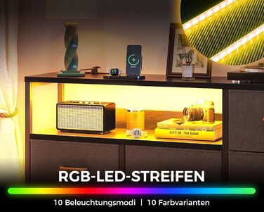 Комод Coleshome зі світлодіодною стрічкою, що змінює колір, та 2 розетками USB і 2 розетками змінного струму, комод із 7 тканинними шухлядами, підходить для спальні, вітальні, 132 * 30 * 89 см, чорний