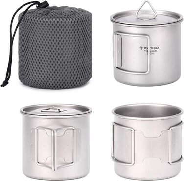 Надлегкий титановий портативний набір із 2 чашок для кемпінгу та пікніка 450 мл 750 мл зі складною ручкою, титанова кружка для кемпінгу