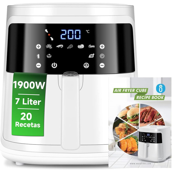 Фритюрниця Aigostar White Cube 7 л XXL Фритюрниця з гарячим повітрям 1900 Вт, 7 програм, підтримка тепла, 20 рецептів, без олії, для 6-10 осіб, фритюрниця з цифровим світлодіодним сенсорним екраном