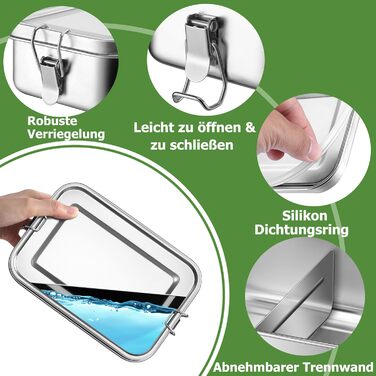 Металева ланч-бокс HaWare з роздільниками, 850 мл. Бенто-бокс з сумкою, для дітей та дорослих, герметичний контейнер для їжі зі знімною перегородкою для офісу/школи/пікніка. Можна мити в посудомийній машині, об'єм 850 мл.