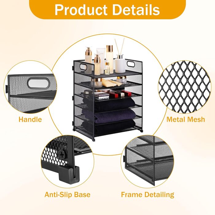Металевий настільний органайзер, 6 відділень для листів та документів (A4), чорний, металевий настільний органайзер з ручкою, органайзер для шухляд 32x23x40 см, офісне приладдя для паперу A4, книг, журналів