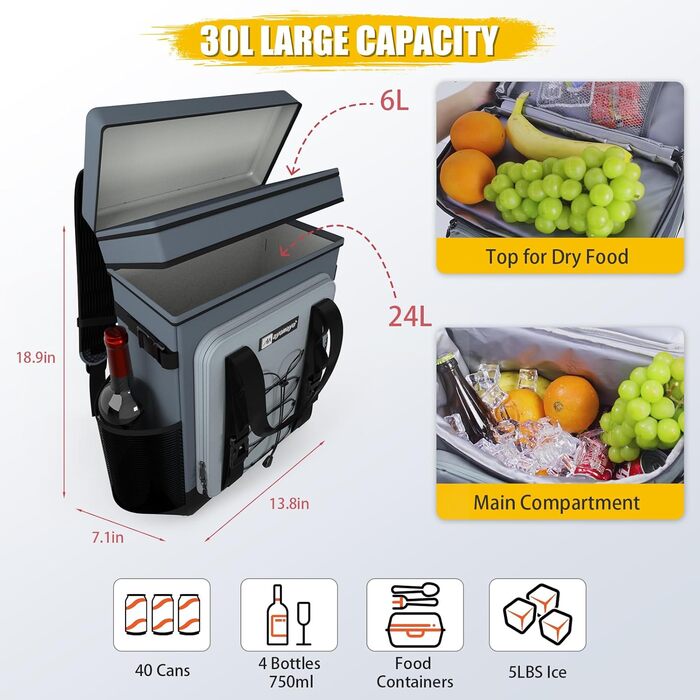Рюкзак-холодильник 30 л, велика складна сумка-холодильник, сумка-холодильник на 40 банок, ізольована сумка-холодильник з відділенням для охолодження, рюкзак-холодильник, рюкзак для покупок на пляжі/пікніку/кемпінгу/барбекю/виїздів на природу, 30 л сірого 