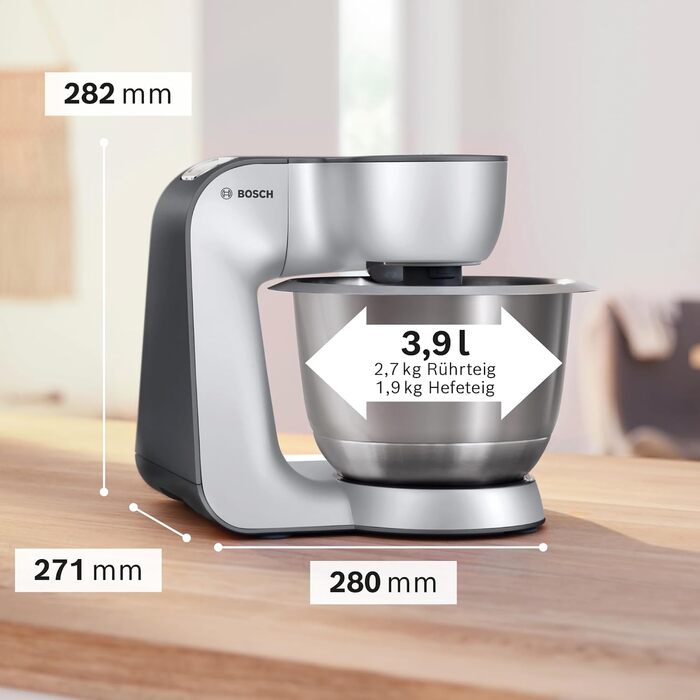 Кухонна машина Bosch Serie 4 MUM56340 чаша 3,9 л, блендер 1,25 л, м'ясорубка, соковижималка, міксер, тістоміс, шинкарка з 3 дисками, 900 Вт, антрацит/срібло