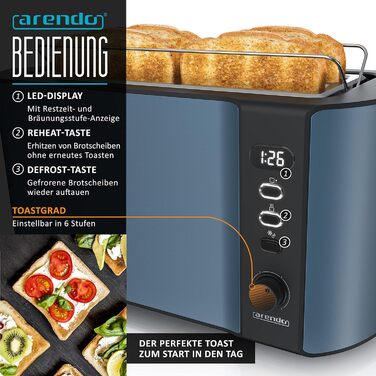 Чайник з тостером SET Нержавіюча сталь синій, чайник 1,5 л, 40 - 100C Тостер з функцією збереження тепла 4 скибочки LED-дисплей 6 ступенів підрум'янювання Насадка для рулону