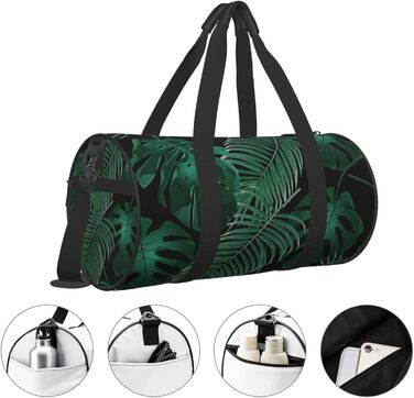 Спортивна сумка для подорожей, принт Листя банана, зелений малюнок, чорний колір, універсальний розмір
