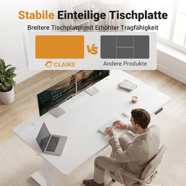 Стіл Claiks з регульованою висотою 16075 см, з 2 електродвигунами, товщиною стільниці 25 мм, вантажопідйомність 130 кг, стіл з регульованою висотою, 3-функціональною пам&39яттю та 4 тихими колесами, білий 160 x 75 см