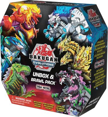 Ексклюзивний набір Storeo Bakugan 'Evolutions UNbox & Brawl 6 з 2 кулями платинової серії (Pyrus Dragonoid, Haos Wrath) та 4 основними кулями (Aquos Sharktar, Ventus Trox, Aurelus Viloch, Darkus Nillious)