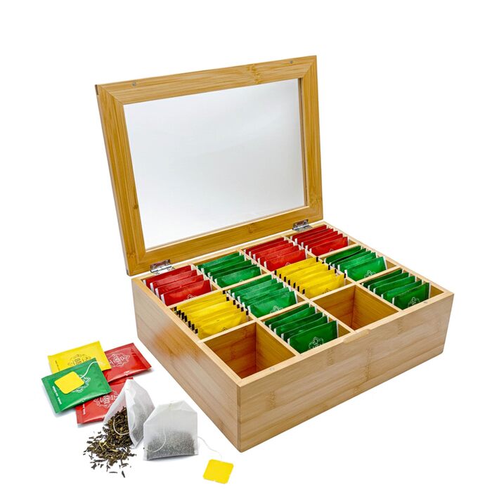 Бамбукова чайна коробка AH з 12 відділеннями коробка для зберігання чайних пакетиків з оглядовим віконцем та магнітною застібкою, ВШ 9 x 29 x 24 см, натуральний колір