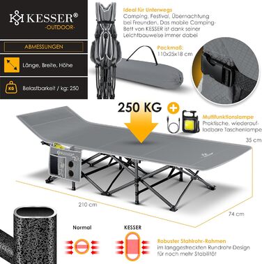 Кемпінгове ліжко KESSER, розкладне розкладане ліжечко, шезлонг для кемпінгу, включаючи сумку для перенесення, кемпінговий ліхтарик бічна кишеня, міцне ліжечко, вантажопідйомність 250 кг, металева труба, тканина Оксфорд 600D, портативне, сірий колір, 210 с