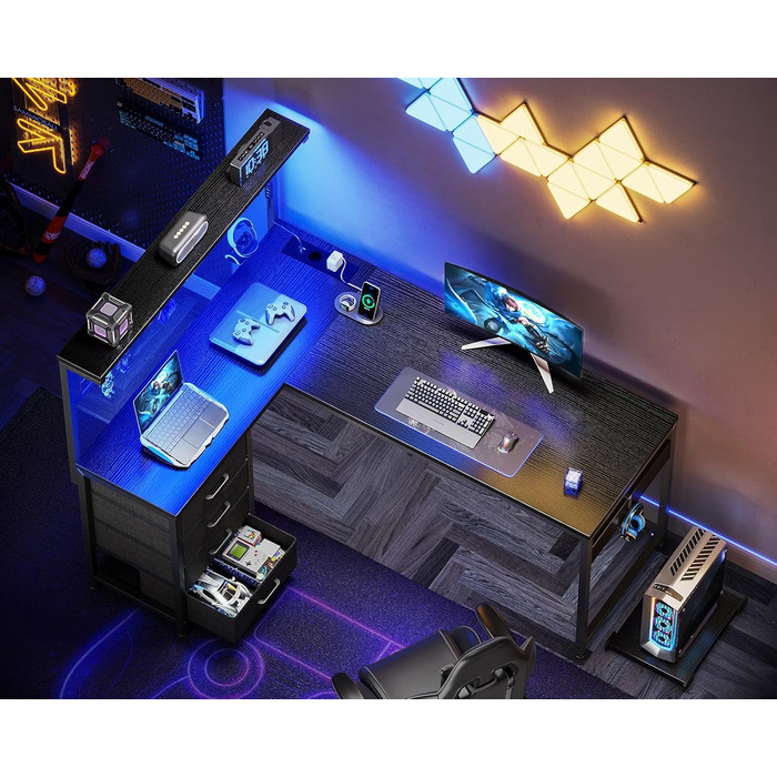 Ігровий стіл Coleshome зі світлодіодним освітленням, 130 x 100 см, двосторонній ігровий стіл з шухлядами та розетками, кутовий стіл з відділенням для зберігання та місцем для зберігання, чорний 130 x 100 см, чорний