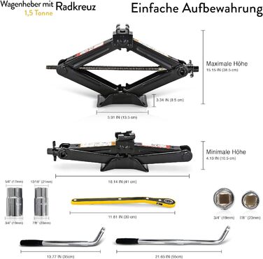 Домкрат з колісною хрестовиною - Домкрат ножичний для легкового автомобіля та позашляховика - 1,5 тонни Комплект автомобільного підйомника-Домкрат-ножиці Портативний, ідеально підходить для обслуговування та ремонту Інтелектуальний механізм з тріскачкою Д