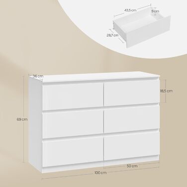 Комод WOLTU з 6 шухлядами, сучасний комод для вітальні, спальні або коридору, виготовлений з інженерної деревини, 100x69x36 см, білий, KMD007ws