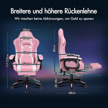 Ігрове крісло ALFORDSON, офісне крісло, з 2-точковим масажем, підставкою для ніг, підголівником та поперековою подушкою, регульована спинка 150, штучна шкіра, рожевий