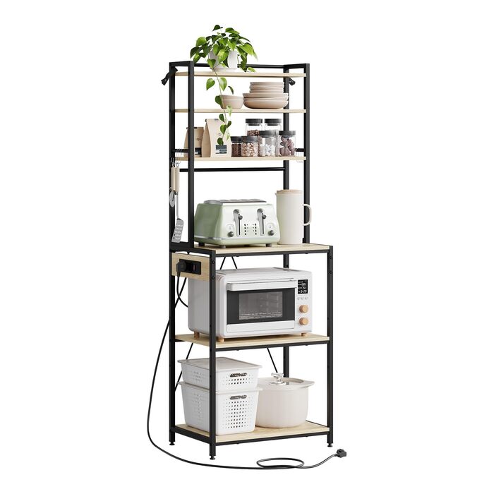 Кухонна полиця WOLTU на 6 рівнів з розетками, полиця для мікрохвильової печі з 6 гачками, полиця для пекаря з металевим каркасом, регульована полиця, чорнийсвітлий дуб, 60 x 167 x 40 см чорнийсвітлий дуб 60 x 39,5 x 167 см