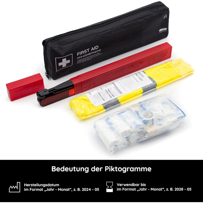 Автомобільна аптечка вкл. попереджувальний трикутник і жилет з високою видимістю згідно з чинним стандартом DIN 131642022 Дійсний
