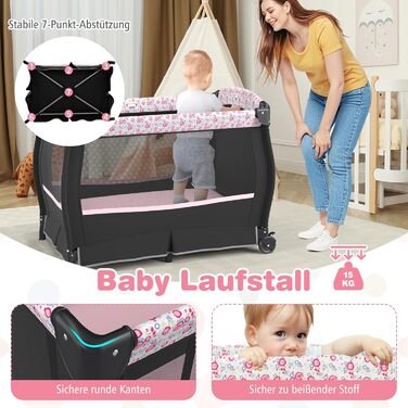 Дорожнє ліжечко COSTWAY 5 в 1 з матрацом, складне приліжкове ліжечко з регульованим балдахіном, дитяче ліжечко з пеленальний килимок, музичний мобіль та сумка для перенесення, дитяче дорожнє ліжечко до 15 кг (рожеві квіти)