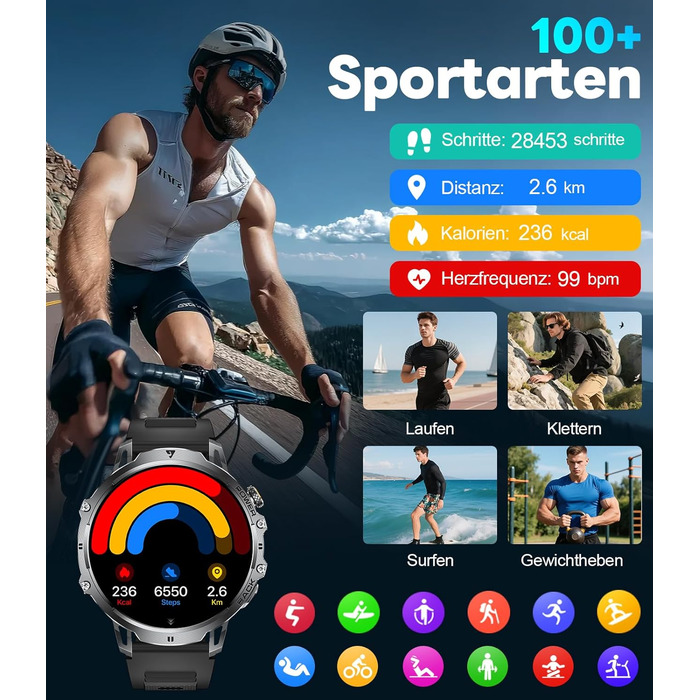 Розумний годинник LIGE Military для чоловіків - 1000 мАг/1,85 дюйма HD великий сенсорний екран/світлодіодна підсвітка, фітнес-годинник з більш ніж 110 спортивними режимами, відстеження серцевого ритму/сну, 2 браслети, водонепроникність IP68, спортивний го