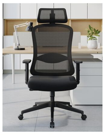 Ергономічне офісне крісло, обертове крісло з поперековою подушкою з пінопласту, офісні крісла з регульованими 2D підголівниками та підлокітниками, крісло для керівника до 150 кг/330 фунтів (чорне)