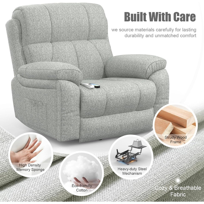 Електричне крісло-реклайнер YONISEE з функцією масажу, підйомником, масажем, підігрівом, підставкою для ніг, 2 бічними кишенями, підстаканником, портами типу C та USB, крісло-реклайнер для вітальні