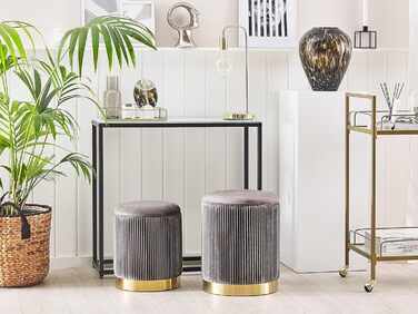 Круглий пуф у комплекті з 2 шт. , виготовлений з сірого оксамиту, пуф-отоманка з сидінням, рифлений дизайн, Miramar