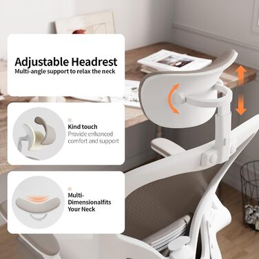 Ергономічне офісне крісло Monhey, висока спинка, сітчаста тканина, комп&39ютерне крісло з відкидними підлокітниками, регульованою поперековою опорою та підголівником, обертове крісло для дому та офісу 01beige