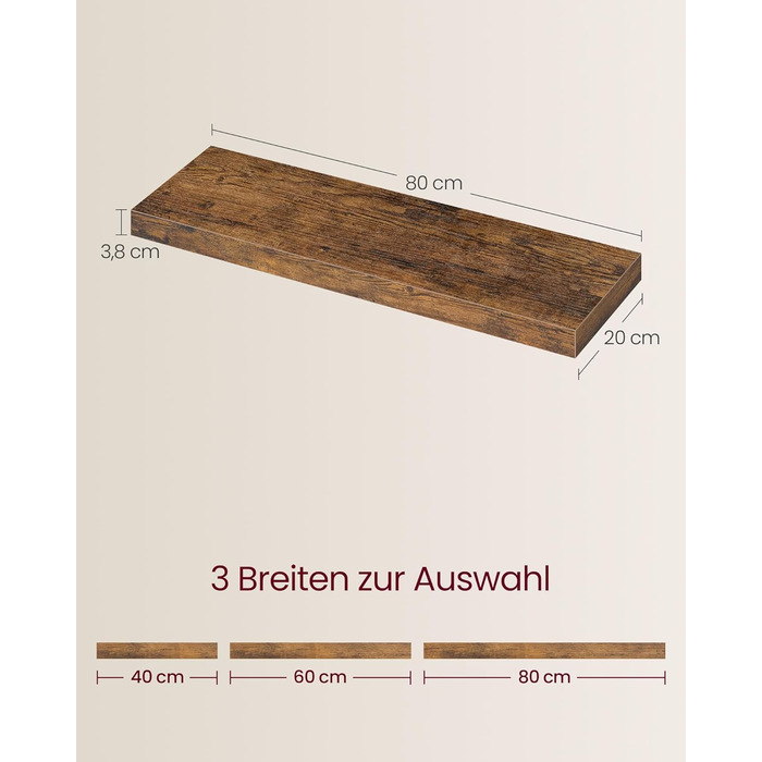 Настінна полиця VASAGLE, Плаваюча полиця, 20 x 80 x 3,8 см, Настінна полиця для рамок для картин, Декор, для вітальні, кабінету, кухні, Рустикальний коричневий LWS28BX Комплект з 1 предмета (80B см) Вінтажний коричневий