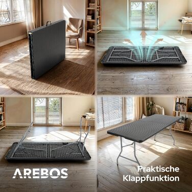Складаний фуршетний стіл Arebos 182 x 74 x 74 см з ротанга, водонепроникний садовий стіл, стіл для вечірок, розкладний стіл для саду, патіо та балкону 8 осіб Кемпінговий стіл з ручкою для перенесення Чорний