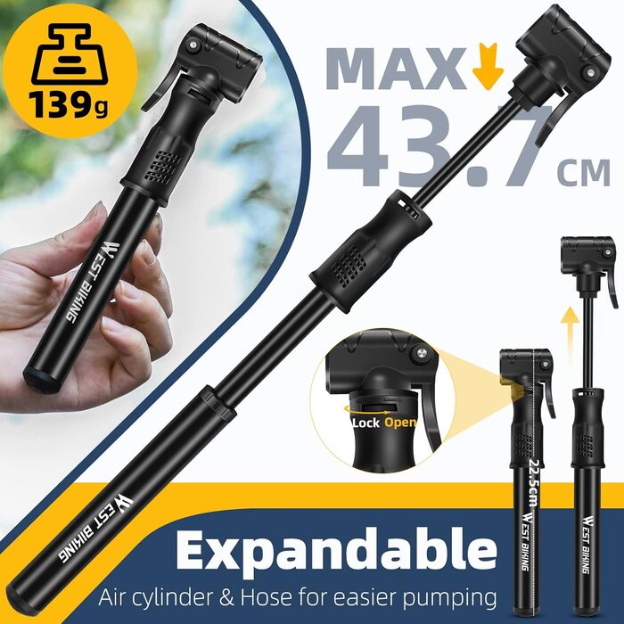 Міні-велосипедний насос West Biking - алюмінієвий повітряний насос для всіх вентилів, портативний маленький велосипедний насос, швидке накачування шин, легкий міні-велосипедний насос для гірського велосипеда, шосейного велосипеда, насос для кульок 1