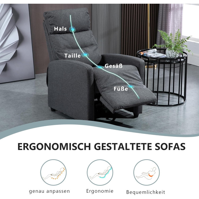Крісло-реклайнер Mingone з функцією відкидання, сучасне тонке крісло-гойдалку з функцією відкидання на 155, витримує вагу до 150 кг, виготовлене з лляної тканини, темно-сірий колір