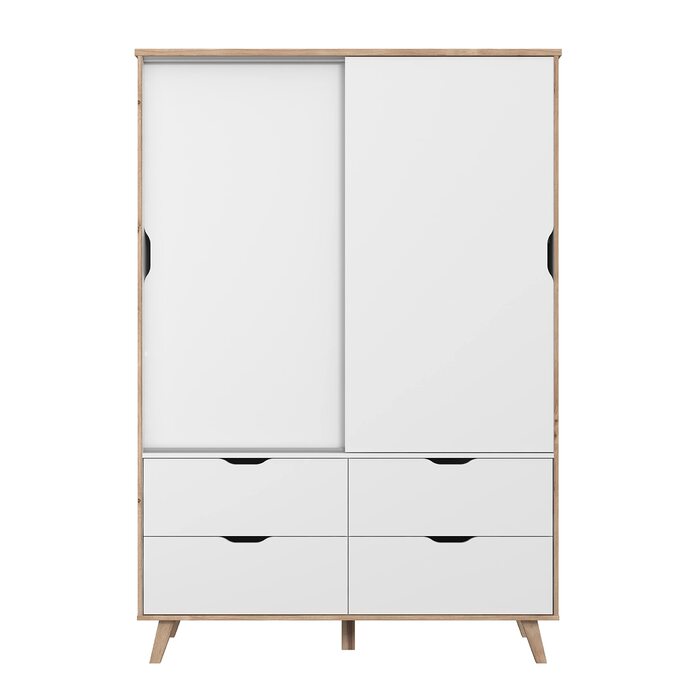 Шафа 140, Розсувні двері, Скандинавський стиль, 2-дверна з 4 шухлядами, Спальня або дитяча кімната, Декор дерева Дуб з білим, 139 см завширшки x 201,5 см заввишки x 53 см завглибшки, Біла 2-дверна шафа