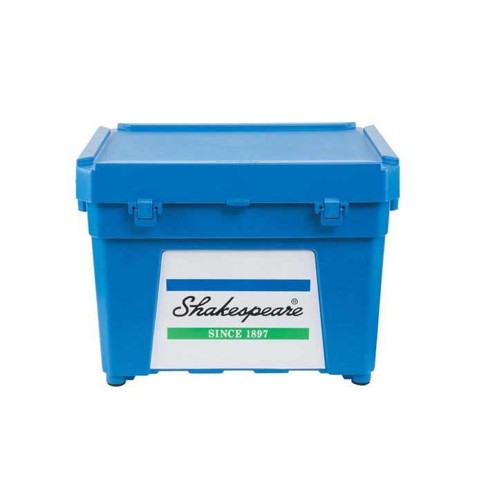 Коробка для сидіння Shakespeare дуже водостійка, велика місткість для зберігання снастей подвійний механізм блокування, надзвичайно глибока кришка для солоної та прісної води, синій колір