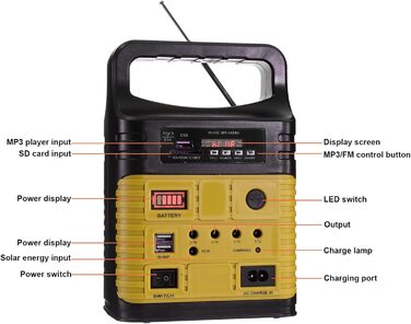 Портативна електростанція сонячного генератора Kyaoayo з сонячною панеллю та світлодіодними лампами, з функцією радіо Bluetooth MP3, для екстреної риболовлі на відкритому повітрі Camping House Hunting Travel (жовтий)