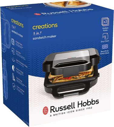 Багатофункціональний прилад Russell Hobbs 3-в-1 бутербродниця, вафельниця, контактний гриль Творіння (можна мити в посудомийній машині, тарілки з антипригарним покриттям і дуже глибокі пластини, без бісфенолу А) 26810-56