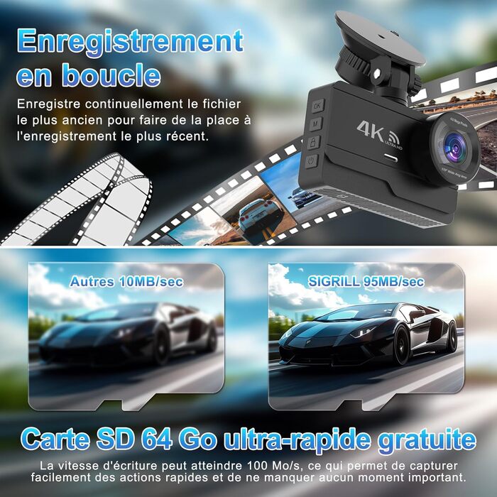 Відеореєстратор автомобільний передній задній, WiFi відеореєстратор безкоштовна карта 64GB, 170 широкий кут, G-сенсор відеореєстра