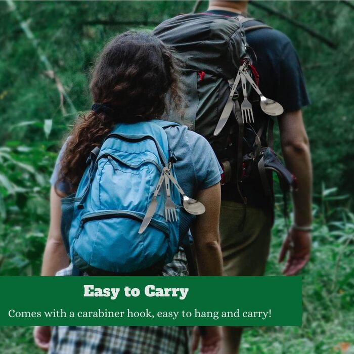 Набір столових приборів RISON-Titanium Titanium для кемпінгу, комбіновані столові прибори з 4 титанових виделок-ложок-ніжів для подорожей з карабіном та сумкою для зберігання, посуд для приготування їжі на свіжому повітрі, рюкзак для походів, щоденний пос