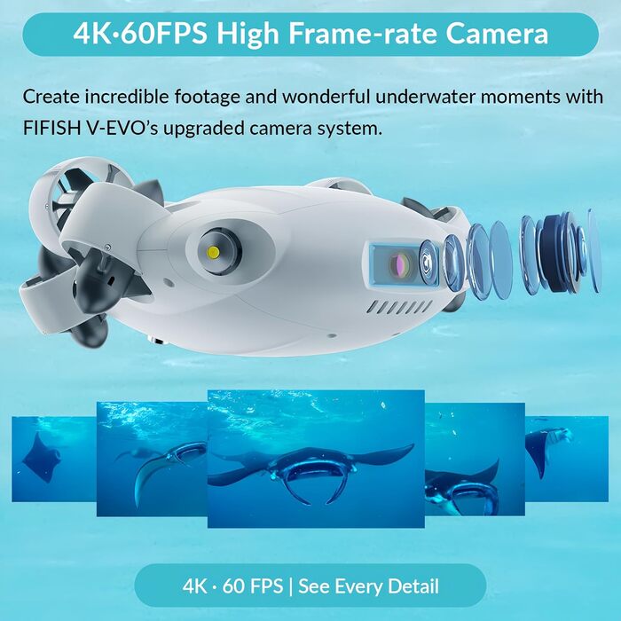 Підводний дрон FIFISH V-EVO 4K з роботизованою рукою, фіксацією зору на основі штучного інтелекту, всенаправленим рухом на 360, зануренням на 100 м, підводним ROV (додаткова роботизована рука)